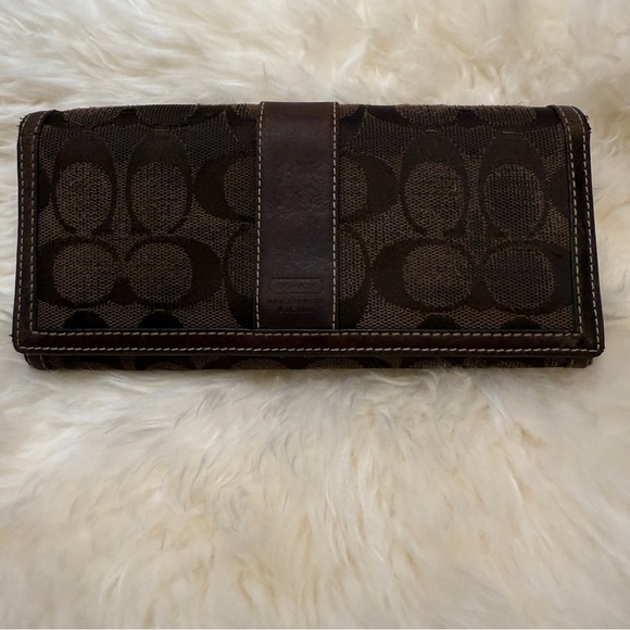 Vintage Coach Brown Canvas Logo Wallet Leather Trim Long Bifold Flawed - Picture 1 of 16